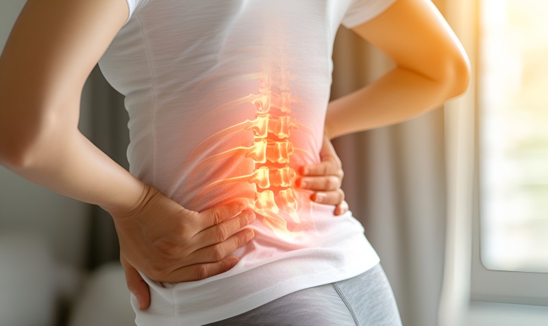 Osoba trzymająca się za dolną część pleców z ilustracją kręgosłupa podświetloną na pomarańczowo, wskazującą na dyskomfort lub uraz.