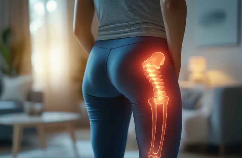 Osoba stojąca tyłem z ilustracją kości biodrowej i udowej podświetloną na pomarańczowo, co może sugerować dyskomfort lub uraz w tym obszarze.